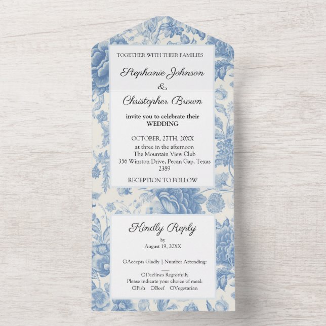 Autumn Fall Blue white Floral wedding All In One Invitation (Inside)