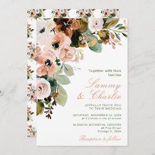 Autumn Fall Blush Pink Flowers and Foliage Wedding Invitation