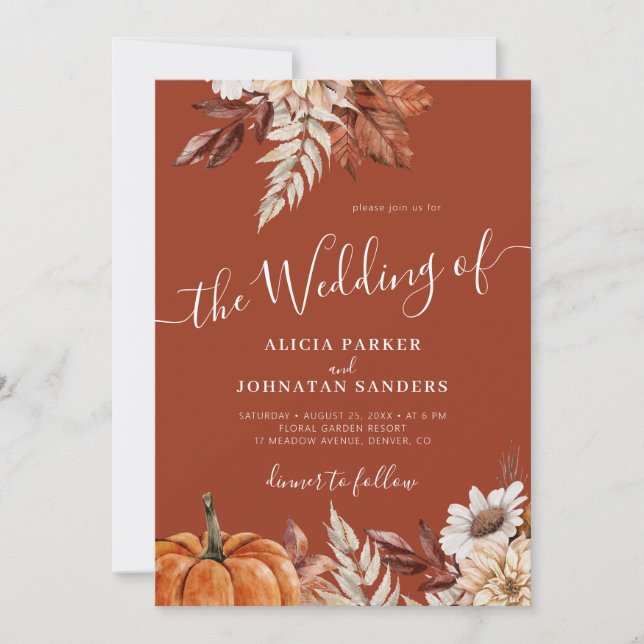 Autumn fall boho botanical terracotta wedding invitation (Front)