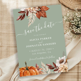 Autumn fall boho foliage sage green wedding save the date