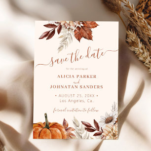 Autumn fall boho foliage terracotta cream wedding save the date