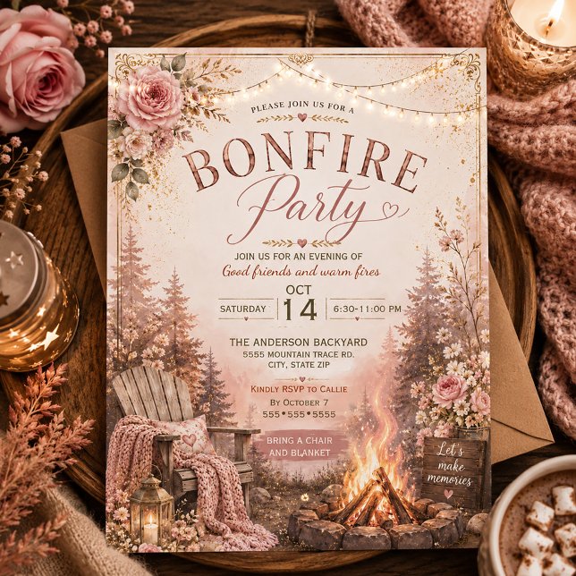 Autumn Fall Bonfire Get Together  Invitation (Pink floral Autumn Bonfire Invitation)