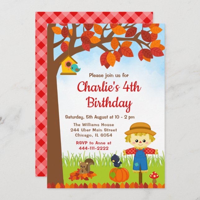 Autumn Fall Boy Scarecrow Birthday Invitation (Front/Back)