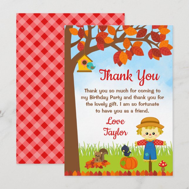 Autumn Fall Boy Scarecrow Birthday Thank You Card (Front/Back)