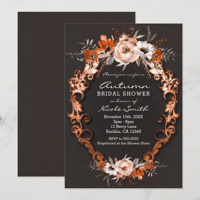 Autumn Fall Bridal Shower Orange Floral Flowers Invitation (Front/Back)