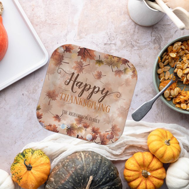 Autumn Fall Brown Leaves Happy Thanksgiving Paper Plate (Creator Uploaded)