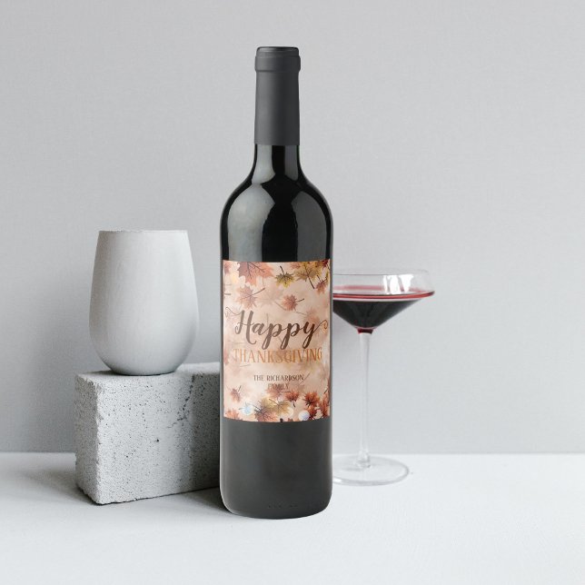 Autumn Fall Brown Leaves Happy Thanksgiving Wine Label (Creator Uploaded)