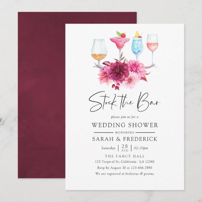 Autumn - Fall Burgundy & Pink Floral Stock the Bar Invitation (Front/Back)