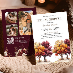 Autumn Fall Burgundy Trees QR Code Bridal Shower Invitation