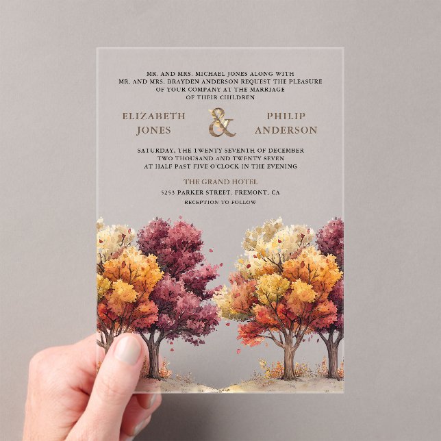 Autumn Fall Burgundy Trees Wedding Acrylic Invitations (Insitu (Handheld))