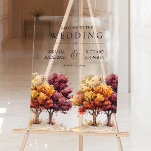 Autumn Fall Burgundy Trees Wedding Welcome Acrylic Sign