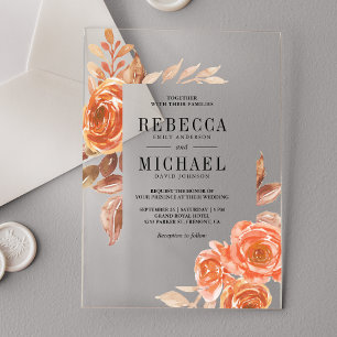 Autumn Fall Burnt Orange Floral Terracotta Wedding Acrylic Invitations