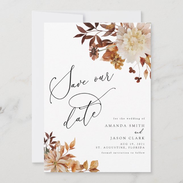 Autumn Fall Burnt Orange Rust Modern Save Our Date Invitation (Front)