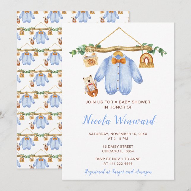 Autumn Fall Clothes Line Boy Baby Shower Invitation (Front/Back)