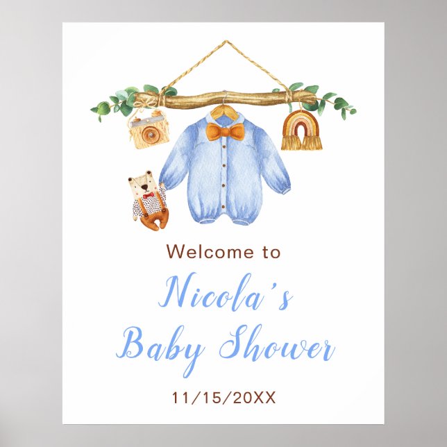 Autumn Fall Clothes Line Boy Baby Shower Welcome  Poster (Front)