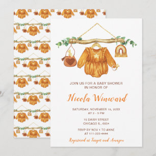 Autumn Fall Clothes Line Girl Baby Shower Invitation