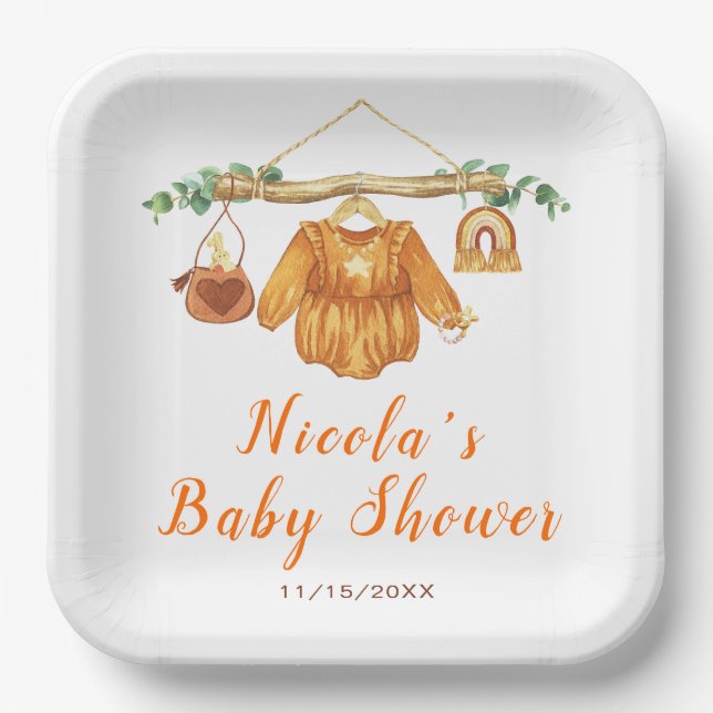 Autumn Fall Clothes Line Girl Baby Shower Paper Plate (Front)