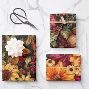 AUTUMN FALL COLORED LEAVES FLOWERS PUMPKINS WRAPPING PAPER SHEET