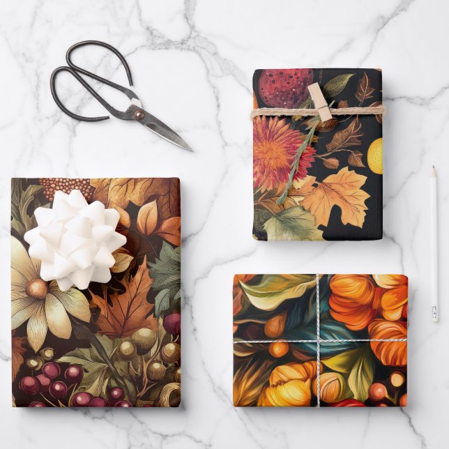 AUTUMN FALL COLORED LEAVES FLOWERS PUMPKINS WRAPPING PAPER SHEET (Front)