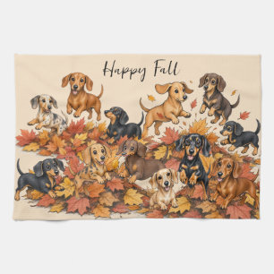 Autumn Fall Dachshund Puppies Tea Towel