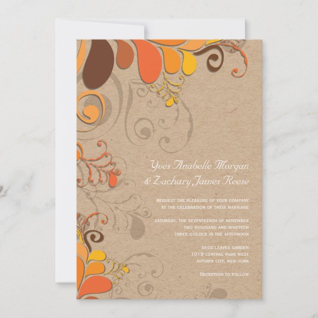 Autumn Fall Deco Floral Swirls Kraft Paper Wedding Invitation (Front)