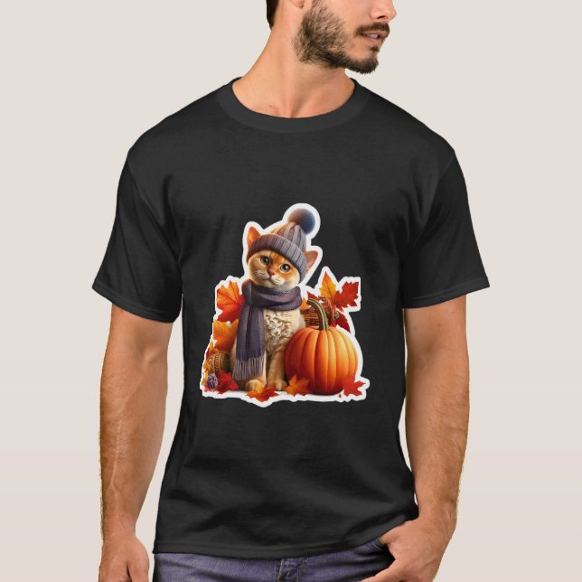 Autumn Fall Devon Rex Cat Owner Thanksgiving Mum D T-Shirt (Front)