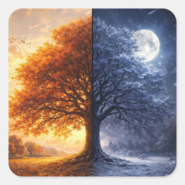 Autumn Fall Equinox and Winter Tree Moon Day Night Square Sticker (Front)