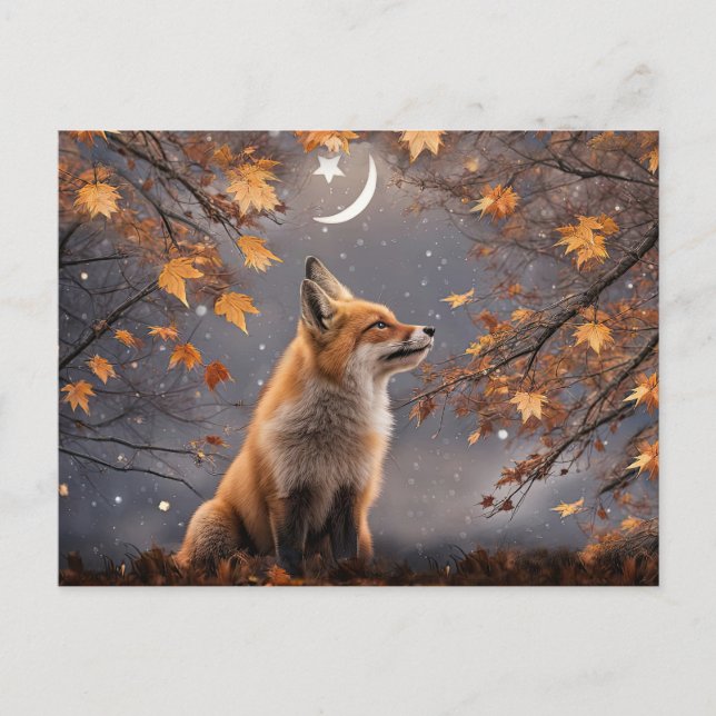 Autumn Fall Equinox Fantasy Fox and Moon Holiday Postcard (Front)