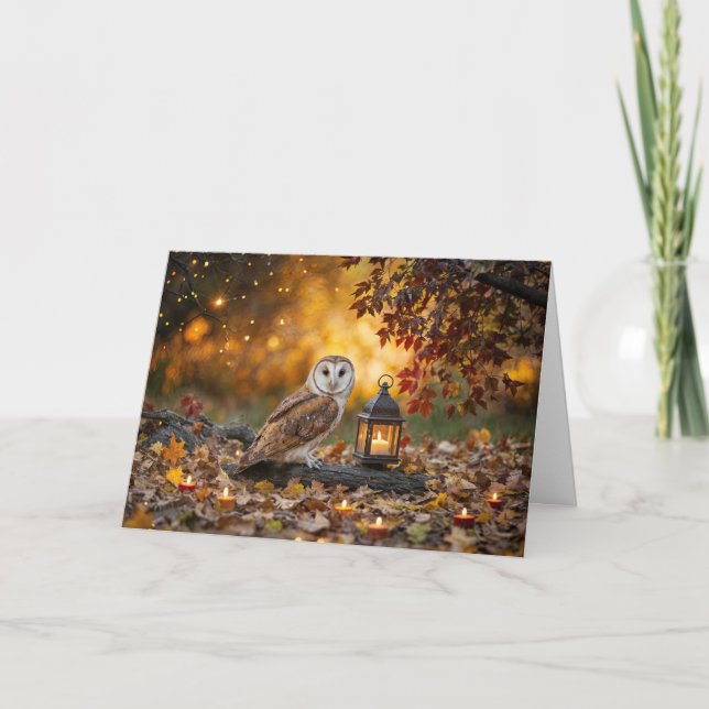 Autumn Fall Equinox with Owl Candles Foliage Card (Front)