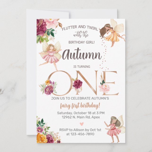 Autumn fall fairy girl 1st first birthday invite. invitation (Front)