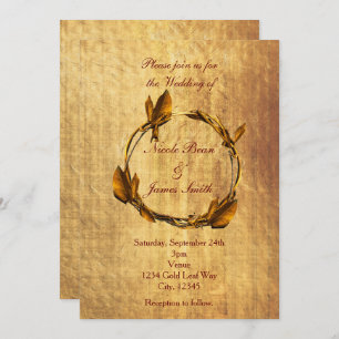 Autumn Fall Faux Gold Leaf & Stick Wreath Wedding Invitation