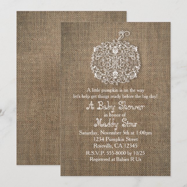 Autumn Fall Filigree Pumpkin & Burlap Invitations (Front/Back)