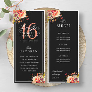 Autumn Fall Floral 16th Birthday Program Menu Blac Invitation