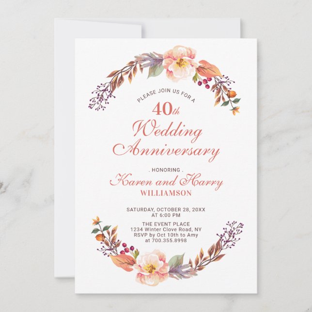 Autumn/Fall Floral 40th Wedding Anniversary Invite (Front)