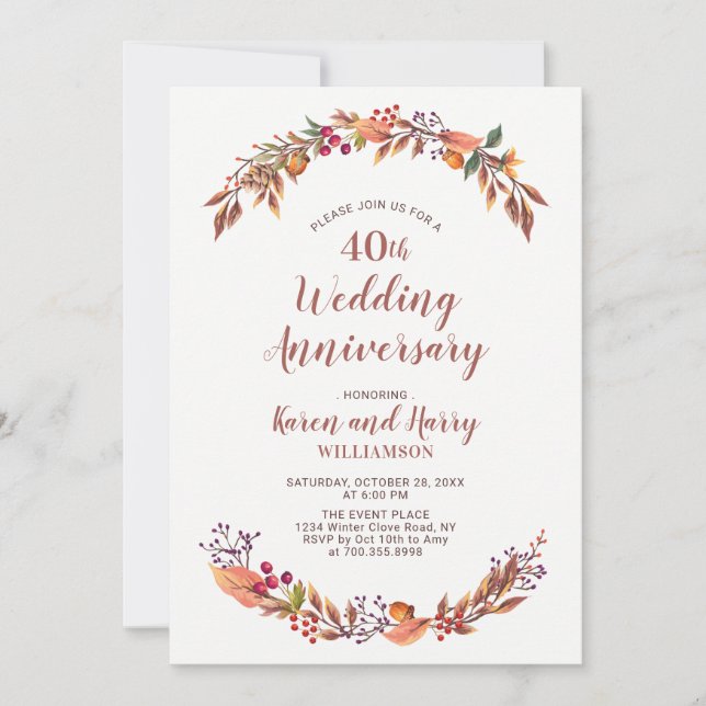 Autumn/Fall Floral 40th Wedding Anniversary Invite (Front)