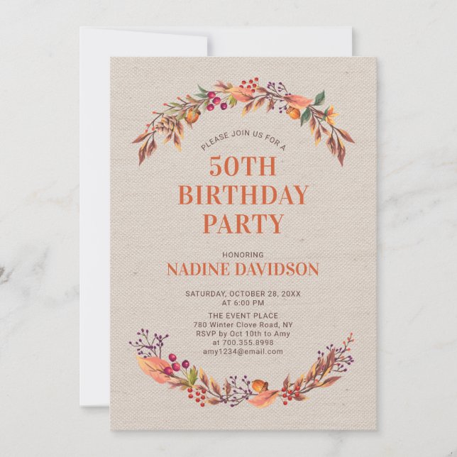 Autumn/Fall Floral 50th Birthday Party Invitation (Front)