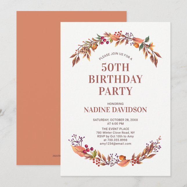 Autumn/Fall Floral 50th Birthday Party Invitation (Front/Back)