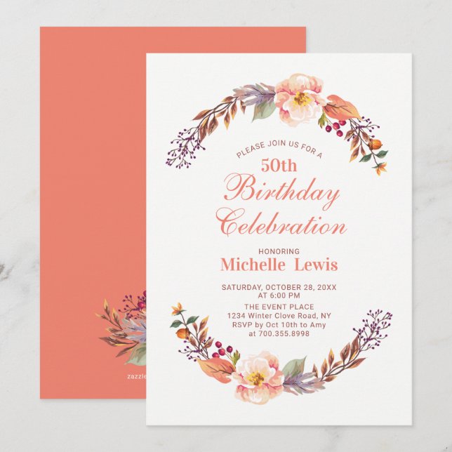 Autumn/Fall Floral 50th Birthday Party Invitation (Front/Back)