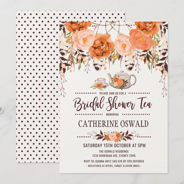 Autumn Fall Floral Boho Bridal Tea Party Invite (Front/Back)