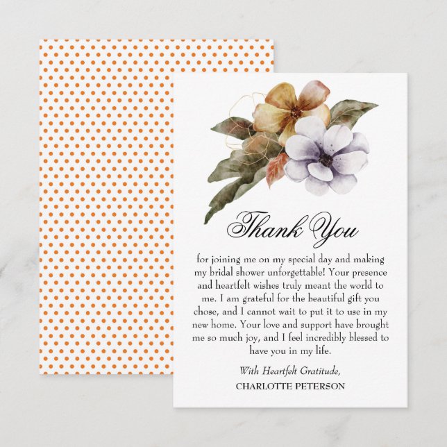 Autumn Fall Floral Bridal Shower  Thank You Card (Front/Back)