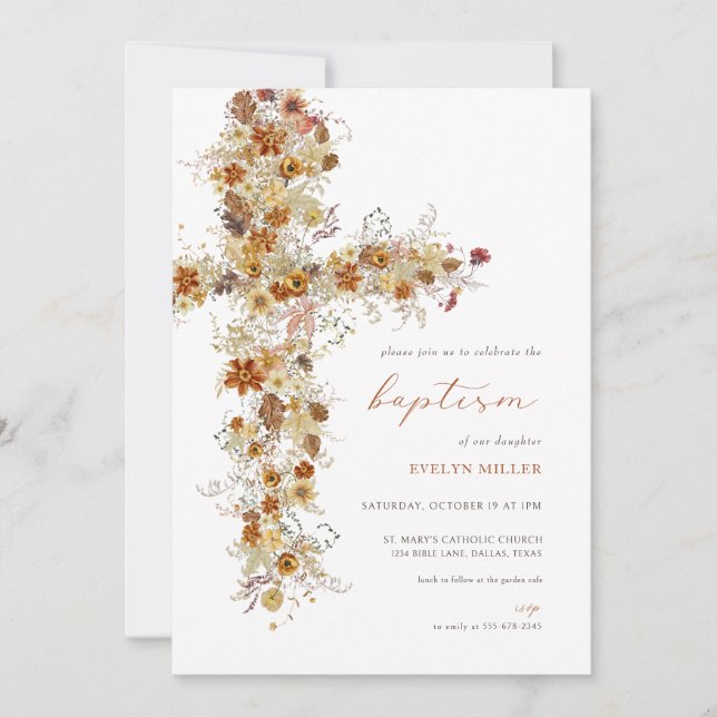 Autumn Fall Floral Cross Baptism Invitation (Front)
