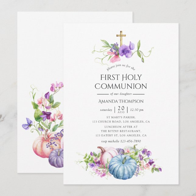 Autumn - Fall Floral First Holy Communion Invitation (Front/Back)