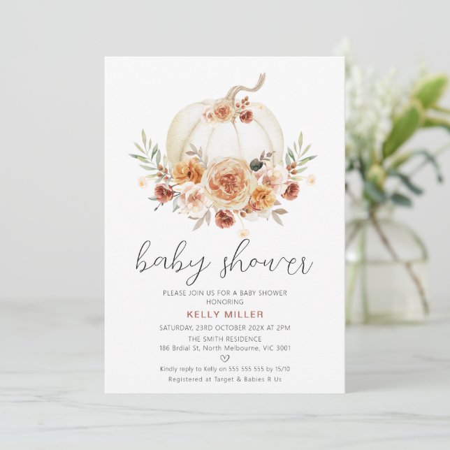 Autumn Fall Floral Pumpkin Baby Shower  Invitation (Standing Front)