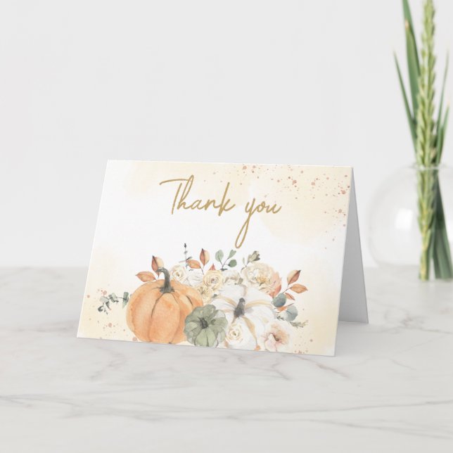 Autumn Fall Floral Pumpkin Baby Shower Thank You Card (Front)