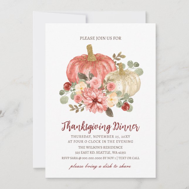 Autumn Fall Floral Pumpkins Thanksgiving Dinner Invitation (Front)