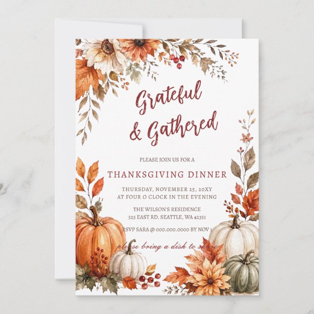 Autumn Fall Floral Pumpkins Thanksgiving Dinner Invitation (Front)