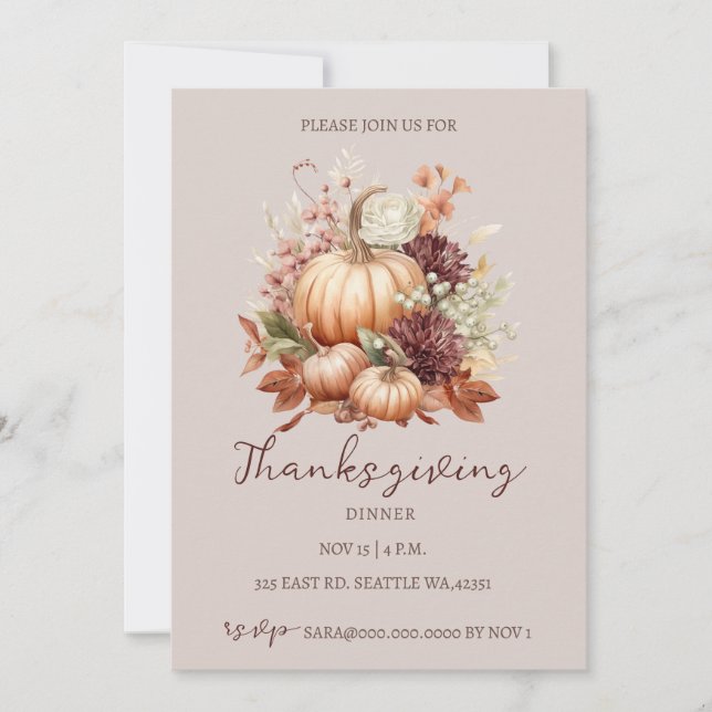 Autumn Fall Floral Pumpkins Thanksgiving Dinner Invitation (Front)