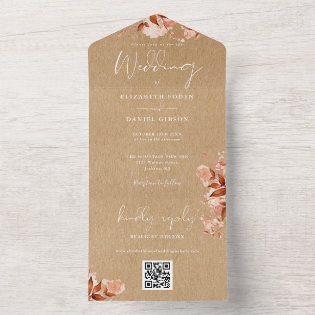Autumn Fall Floral Rustic Kraft QR Code Wedding All In One Invitation (Inside)