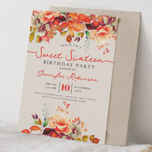 Autumn Fall Floral Sweet 16 Birthday Champagne Invitation