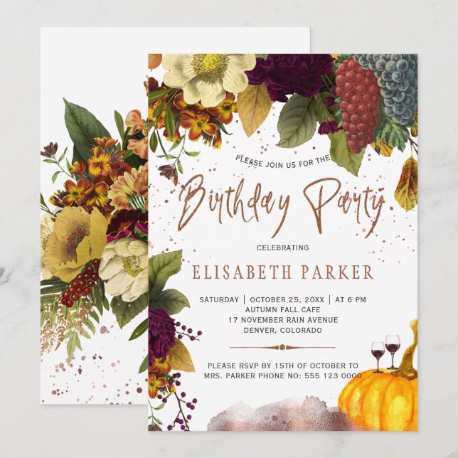 Autumn fall floral typography adult birthday party invitation (Front/Back)